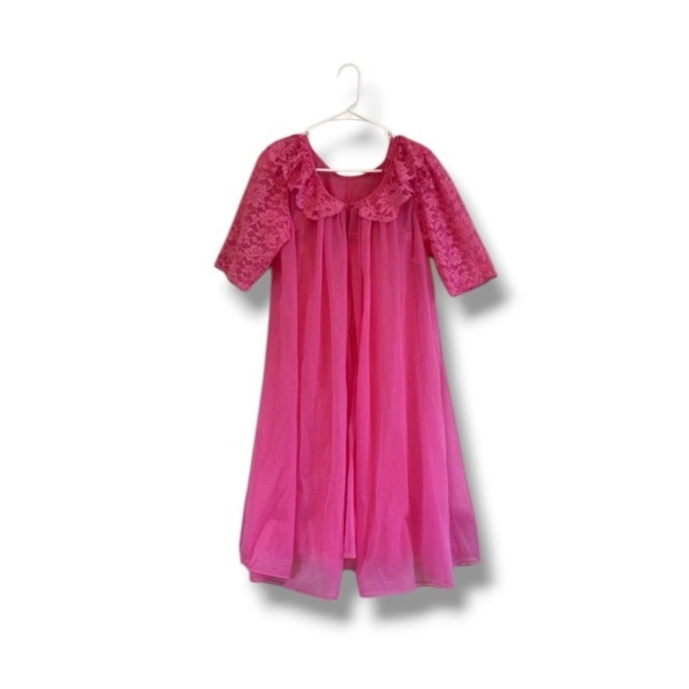 Vintage 1950s 1960s Hot Pink Babydoll Nightgown & Peignoir Set Vanity Fair Sz 34